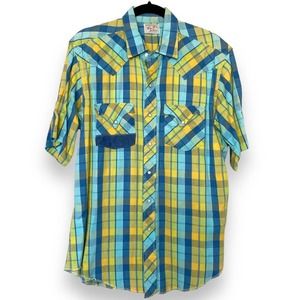 Vintage 50s 60s Tem Tex Western Pearl Snap Blue Yellow Plaid Short Sleeve Shirt